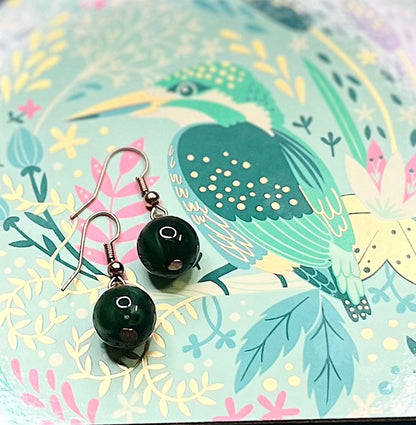 Green Cat’s‑Eye Bead Drop Earrings (Silver‑tone)