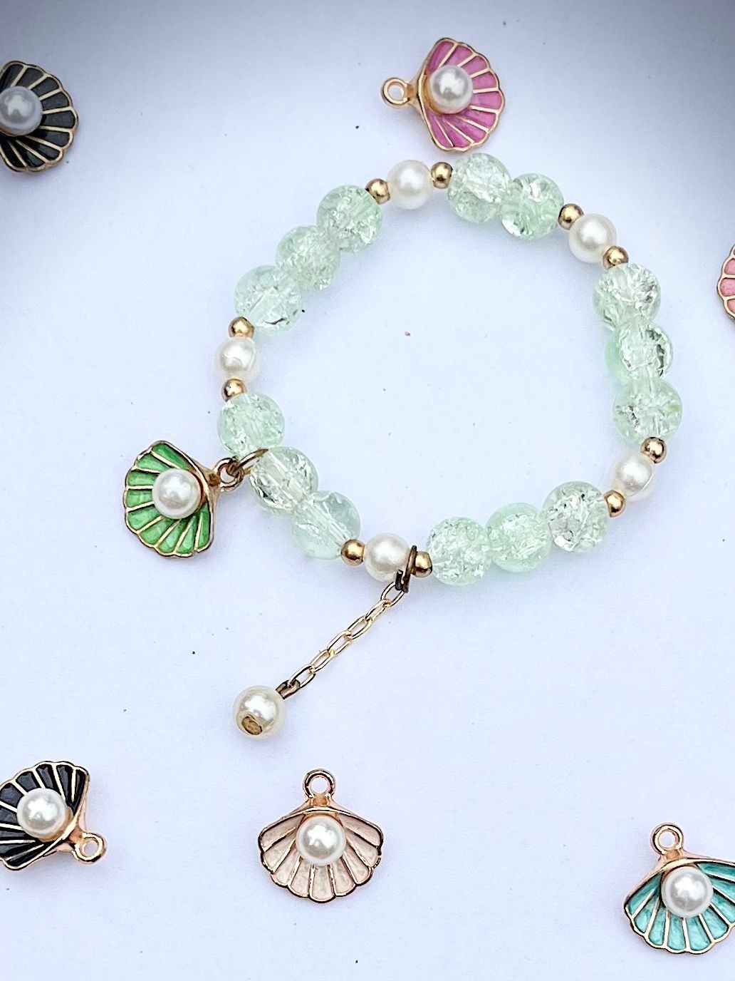 Seafoam Shell & Pearl Charm Bracelet