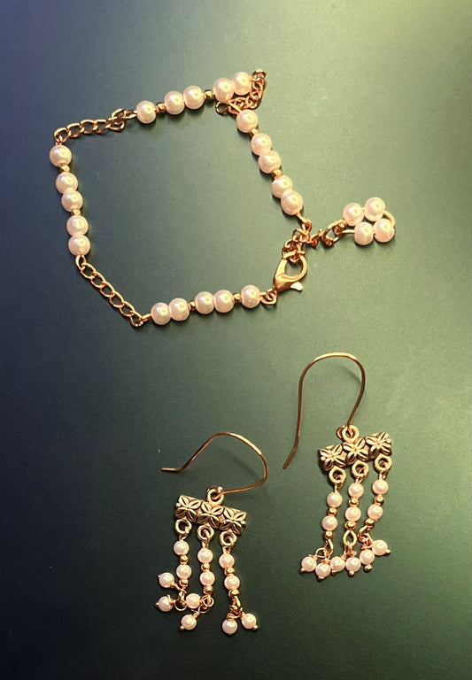 Pearl Cascade Earrings + Bracelet Set (Gold‑tone)