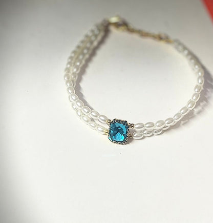 Double‑Strand Faux‑Pearl Bracelet with Aqua Crystal