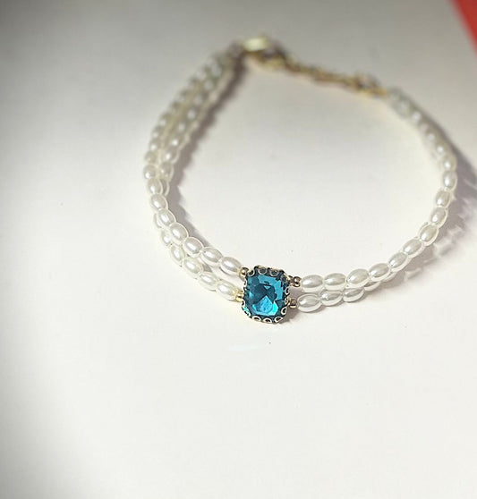 Double‑Strand Faux‑Pearl Bracelet with Aqua Crystal
