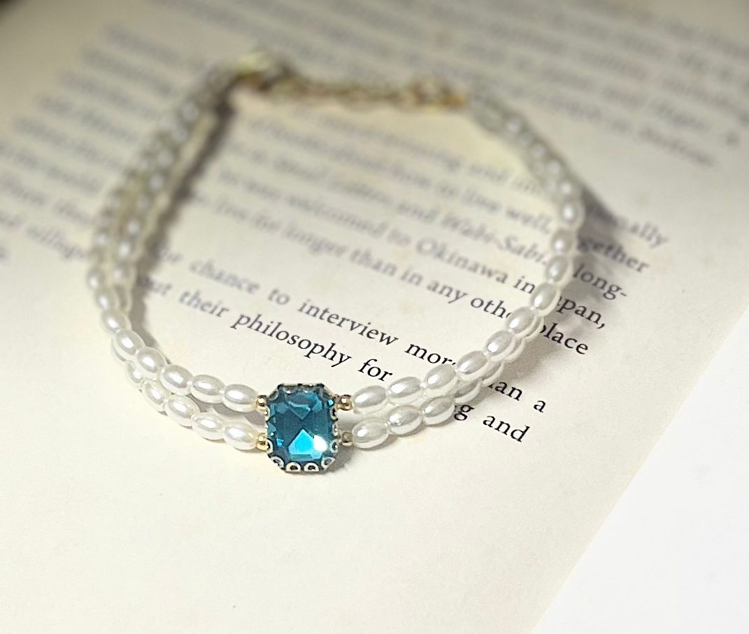 Double‑Strand Faux‑Pearl Bracelet with Aqua Crystal